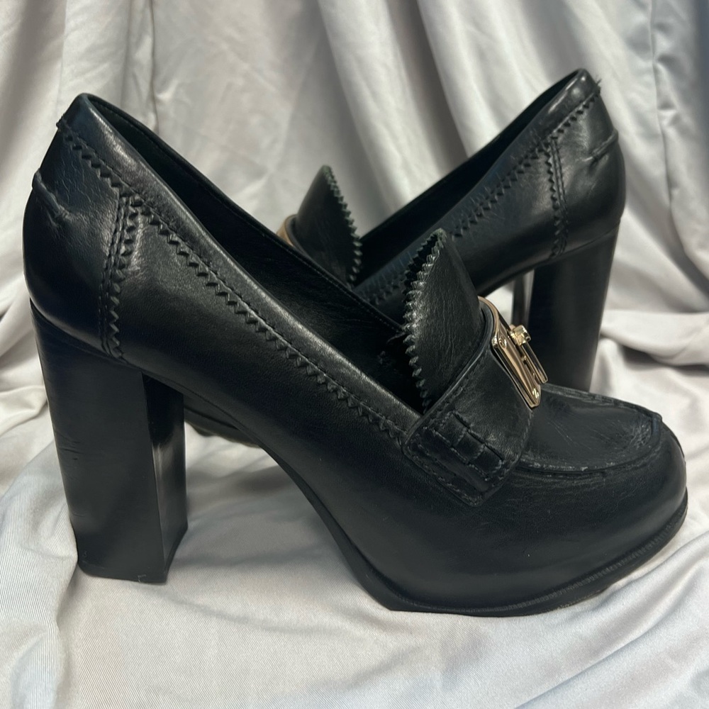 Tory Burch Black Leather Block Heel Loafers with Gold Accent